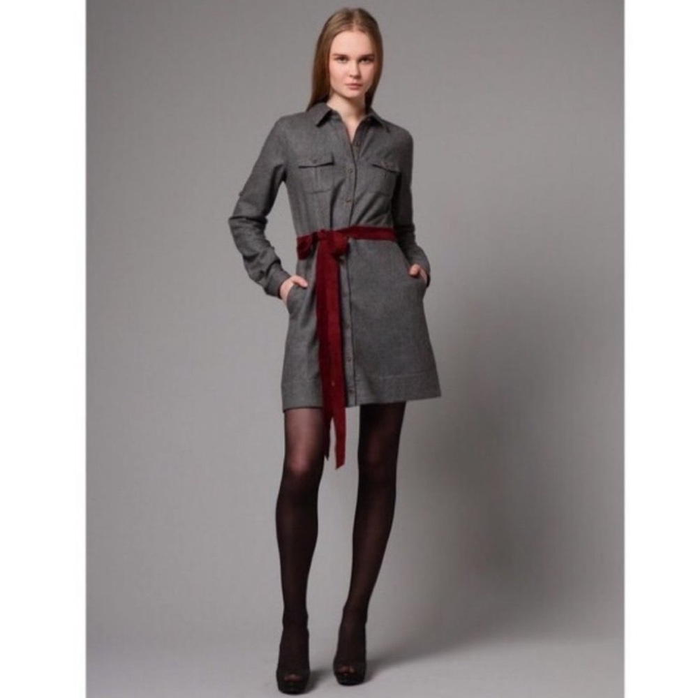 TROVATA Wool Button-Down Shirt Dress Leather Belt